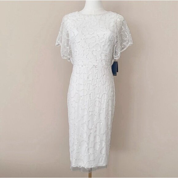 Adrianna Papell Dresses & Skirts - NWT Adrianna Papell White Dress $249 Flutter Sleeve Bridal Shower Women 4 Sequin